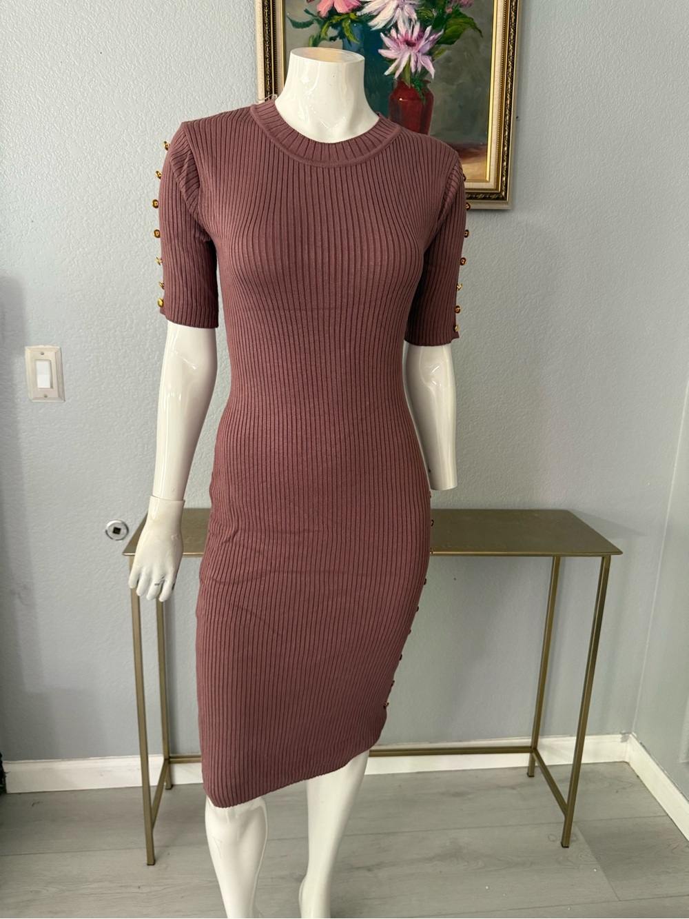Say What? Mauve Ribbed Midi Dress with Gold Buttons